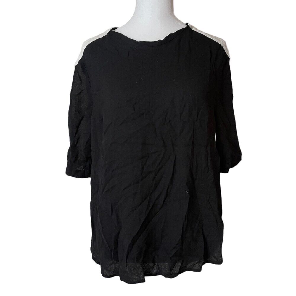 A.L.C. Medium Blouse Short Sleeve Top White Black Rounded Hem Career